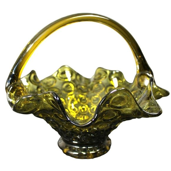 Vintage Avocado Green Art Glass Basket/Candy Dish with Ruffled Edge - Picture 1 of 5